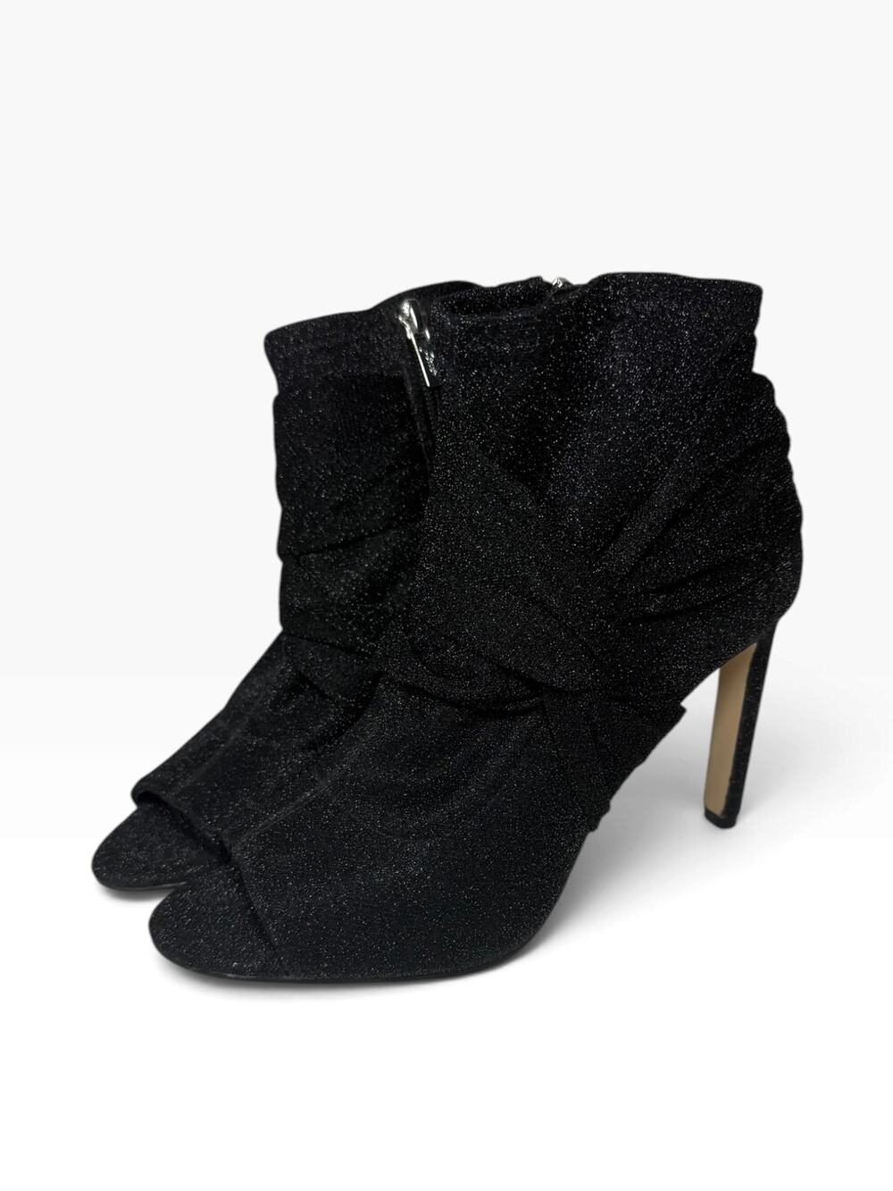 JEWEL BADGLEY MISCHKA Heels Size 8 M Black Shimmer Bootie Peep Toe Zip Stretch